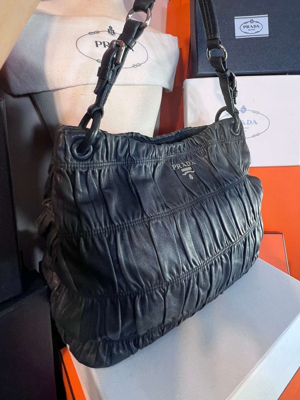 Prada BlackDark Gray Ruched Leather Hobo Bag! ⭐️⭐️Offers are always welcome! - Picture 3 of 15